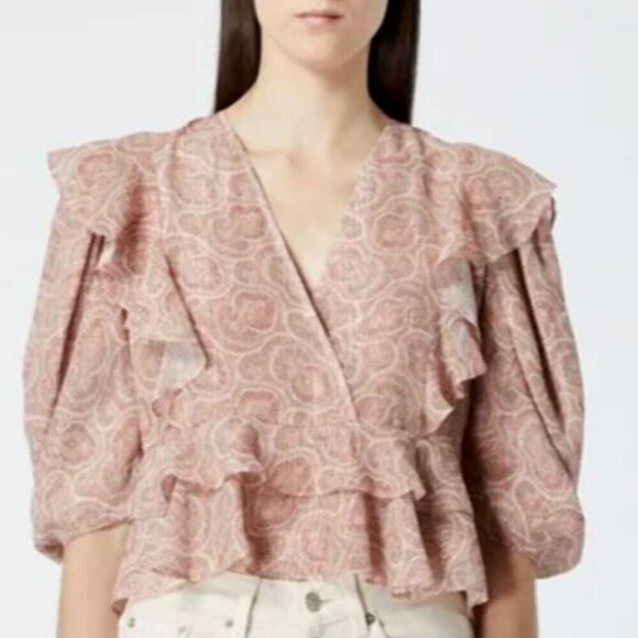 The Kooples Boho Silk Blend Crop Top Womens Pink Short Puff Sleeve V Neck Ruffle - Picture 2 of 7